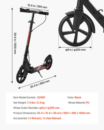 Sparkcykel för barn från 8 år, tonåringar och vuxna, 2-hjulig sparkcykel för småbarn med höjdjusterbart styre, brett halkfritt däck, hopfällbar lättviktsram för pojkar och flickor upp till 99,8 kg, svart