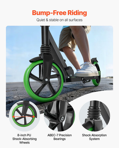 Sparkcykel för barn från 8 år, tonåringar och vuxna, 2-hjulig sparkcykel för småbarn med justerbart styre, brett halkfritt däck, hopfällbar, lättviktig för pojkar och flickor upp till 99,8 kg, svart + grön