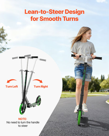 Sparkcykel för barn från 8 år, tonåringar och vuxna, 2-hjulig sparkcykel för småbarn med justerbart styre, brett halkfritt däck, hopfällbar, lättviktig för pojkar och flickor upp till 99,8 kg, svart + grön