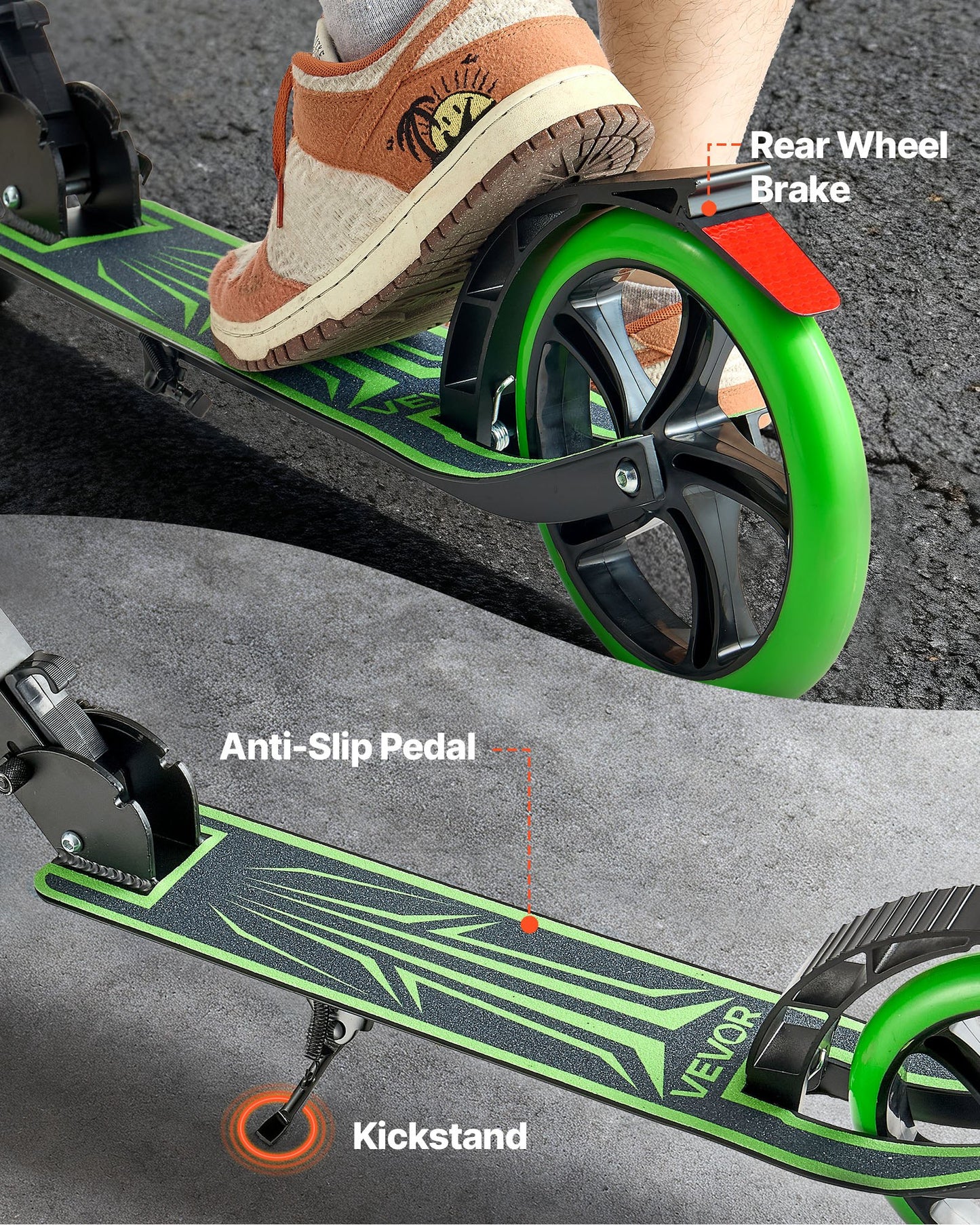 Sparkcykel för barn från 8 år, tonåringar och vuxna, 2-hjulig sparkcykel för småbarn med justerbart styre, brett halkfritt däck, hopfällbar, lättviktig för pojkar och flickor upp till 99,8 kg, svart + grön