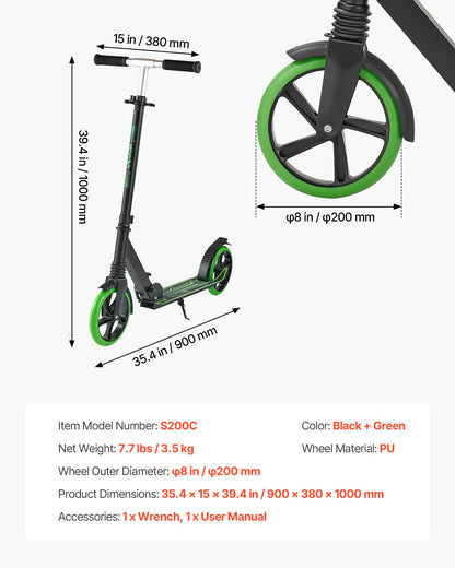 Sparkcykel för barn från 8 år, tonåringar och vuxna, 2-hjulig sparkcykel för småbarn med justerbart styre, brett halkfritt däck, hopfällbar, lättviktig för pojkar och flickor upp till 99,8 kg, svart + grön