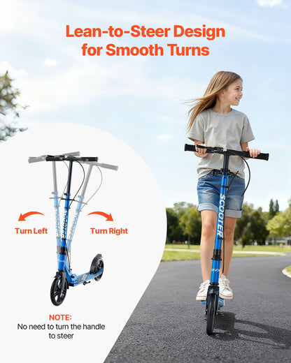 Sparkcykel för barn från 8 år, tonåringar och vuxna, 2-hjulig sparkcykel för småbarn med höjdjusterbart styre, brett halkfritt däck, hopfällbar, lättviktig för pojkar och flickor upp till 99,8 kg, svart + blå