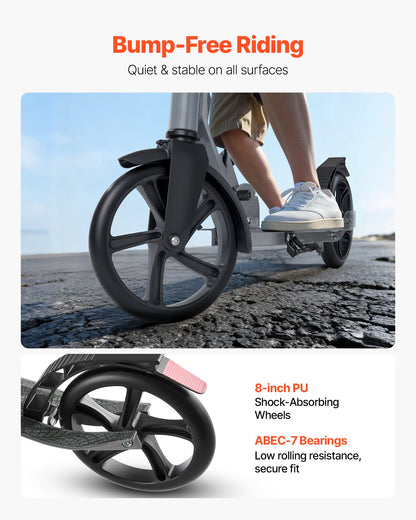 Kick Scooter for Kids Ages 8+, Teens & Adults, 2-Wheel Toddler Scooter with Adjustable Height Handlebar, Wide Anti-Slip Deck, Foldable Lightweight Frame for Boys and Girls up to 99.8 kg, Gray