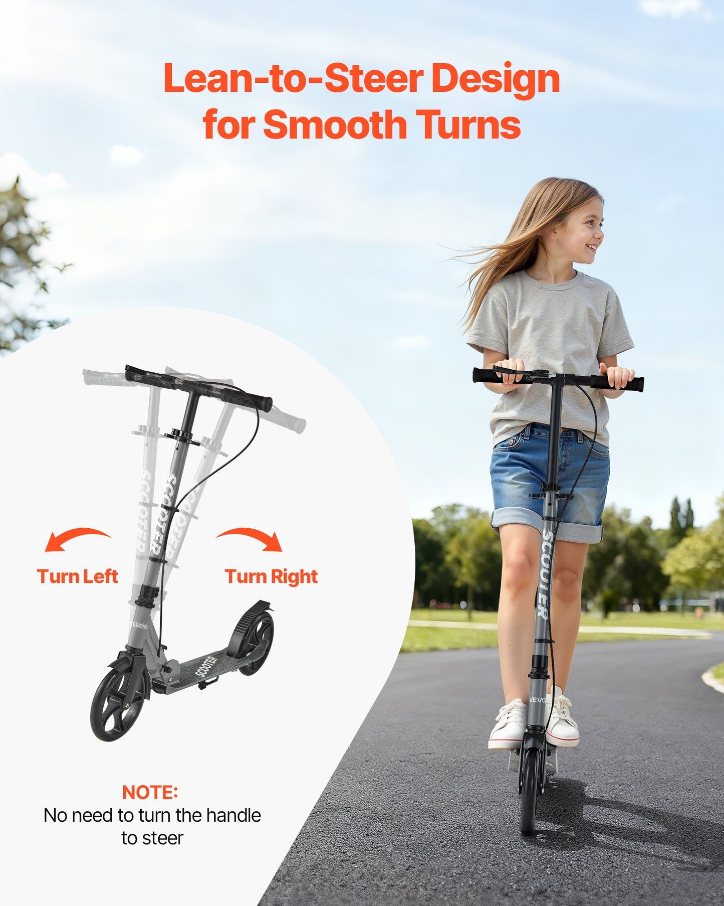 Kick Scooter for Kids Ages 8+, Teens & Adults, 2-Wheel Toddler Scooter with Adjustable Height Handlebar, Wide Anti-Slip Deck, Foldable Lightweight Frame for Boys and Girls up to 99.8 kg, Gray