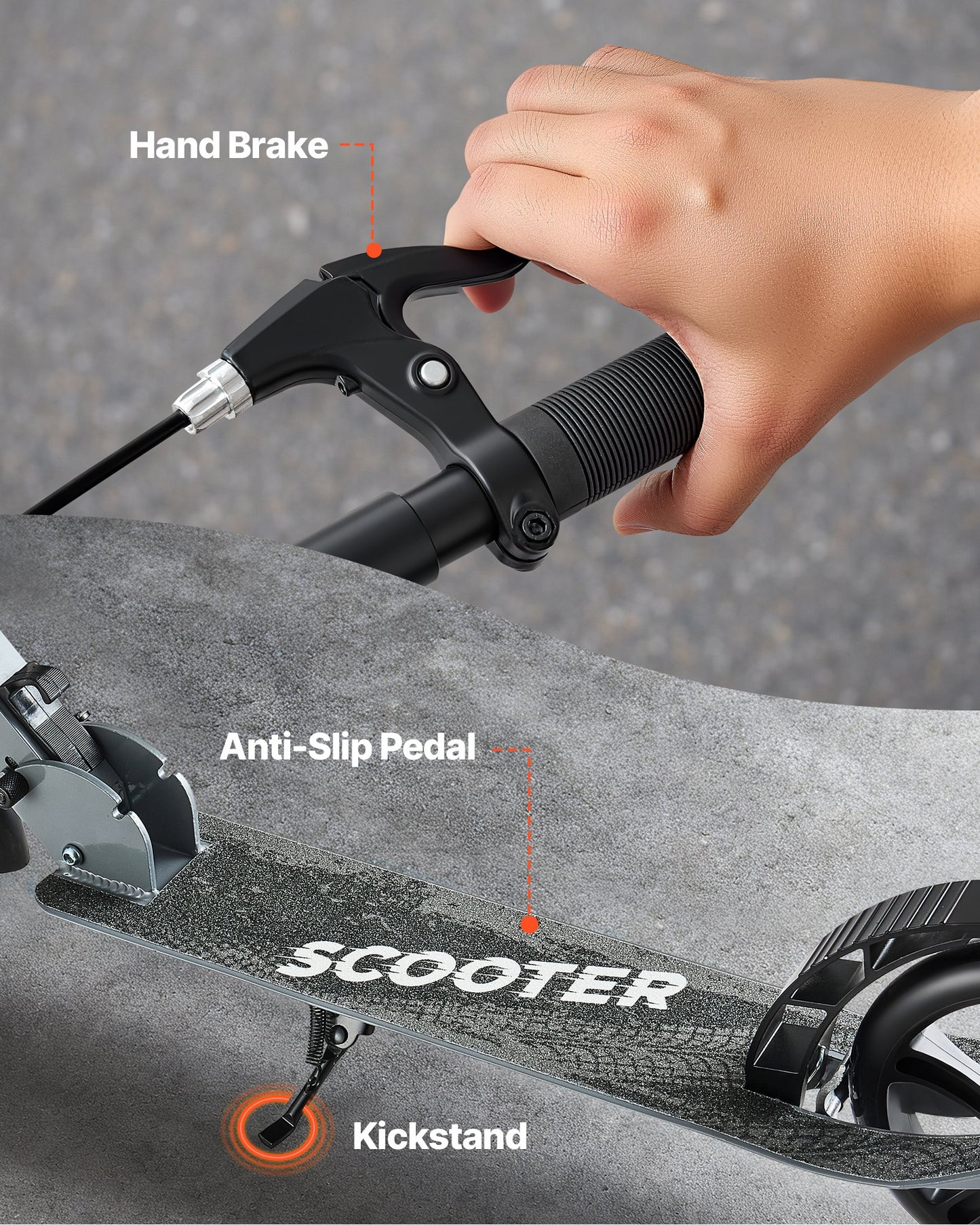 Kick Scooter for Kids Ages 8+, Teens & Adults, 2-Wheel Toddler Scooter with Adjustable Height Handlebar, Wide Anti-Slip Deck, Foldable Lightweight Frame for Boys and Girls up to 99.8 kg, Gray