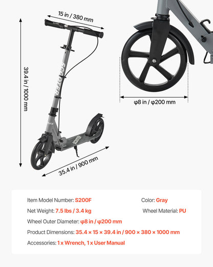 Kick Scooter for Kids Ages 8+, Teens & Adults, 2-Wheel Toddler Scooter with Adjustable Height Handlebar, Wide Anti-Slip Deck, Foldable Lightweight Frame for Boys and Girls up to 99.8 kg, Gray