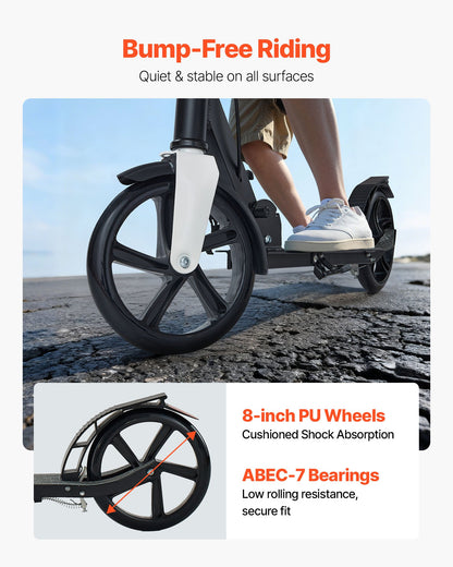 Sparkcykel för barn från 8 år, tonåringar och vuxna, 2-hjulig sparkcykel för småbarn med justerbart styre, brett halkfritt däck, hopfällbar, lättviktig för pojkar och flickor upp till 99,8 kg, svart + silver