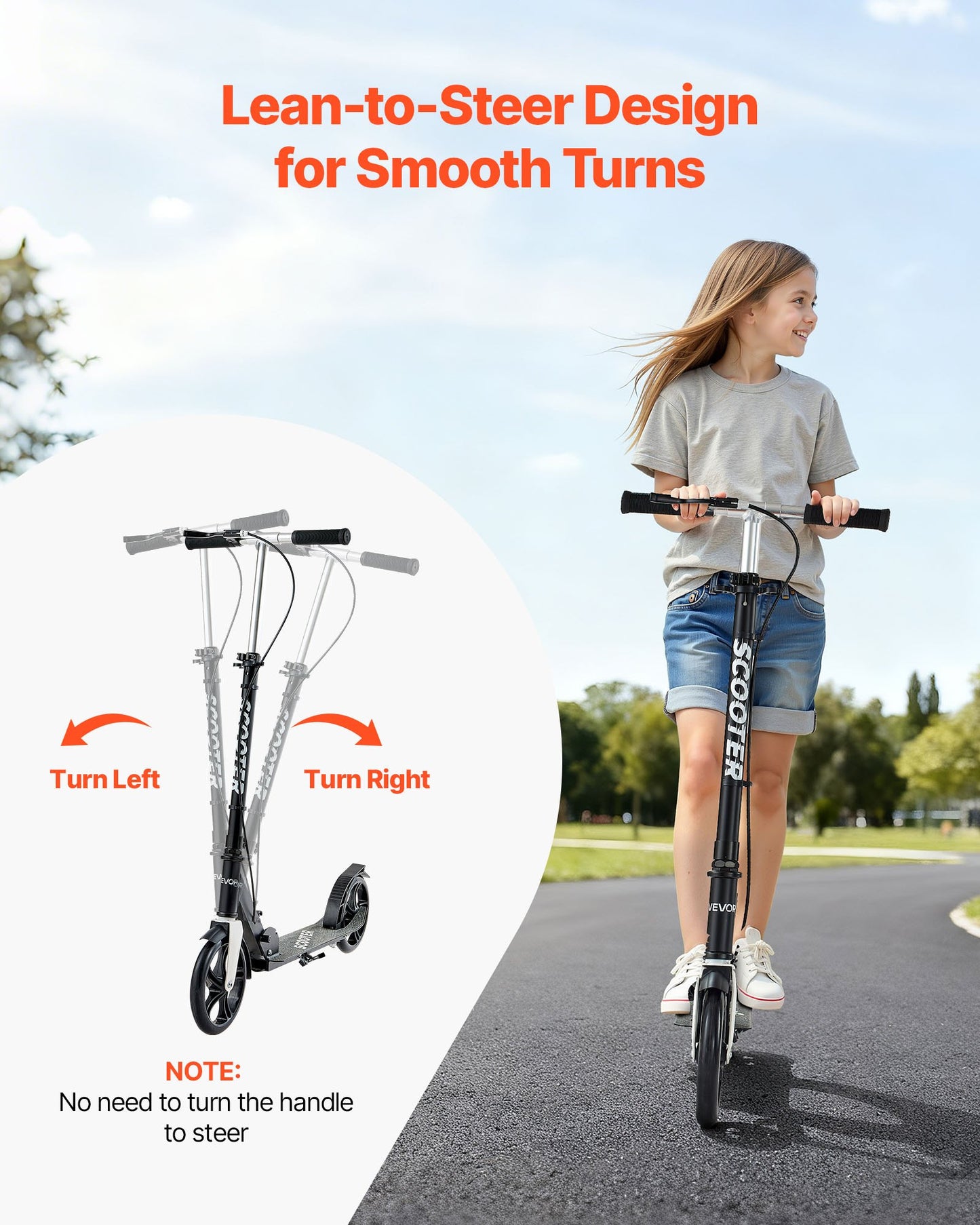 Sparkcykel för barn från 8 år, tonåringar och vuxna, 2-hjulig sparkcykel för småbarn med justerbart styre, brett halkfritt däck, hopfällbar, lättviktig för pojkar och flickor upp till 99,8 kg, svart + silver