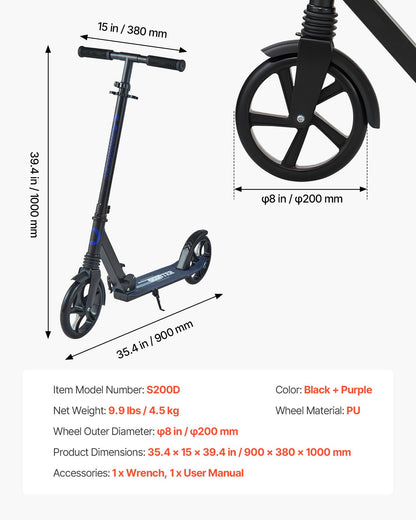 Sparkcykel för barn från 8 år, tonåringar och vuxna, 2-hjulig sparkcykel för småbarn med justerbart styre, brett halkfritt däck, hopfällbar, lättviktig för pojkar och flickor upp till 99,8 kg, svart + lila