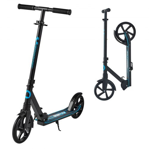 Sparkcykel för barn från 8 år, tonåringar och vuxna, 2-hjulig sparkcykel för småbarn med justerbart styre, brett halkfritt däck, hopfällbar, lättviktig för pojkar och flickor upp till 99,8 kg, svart + blå