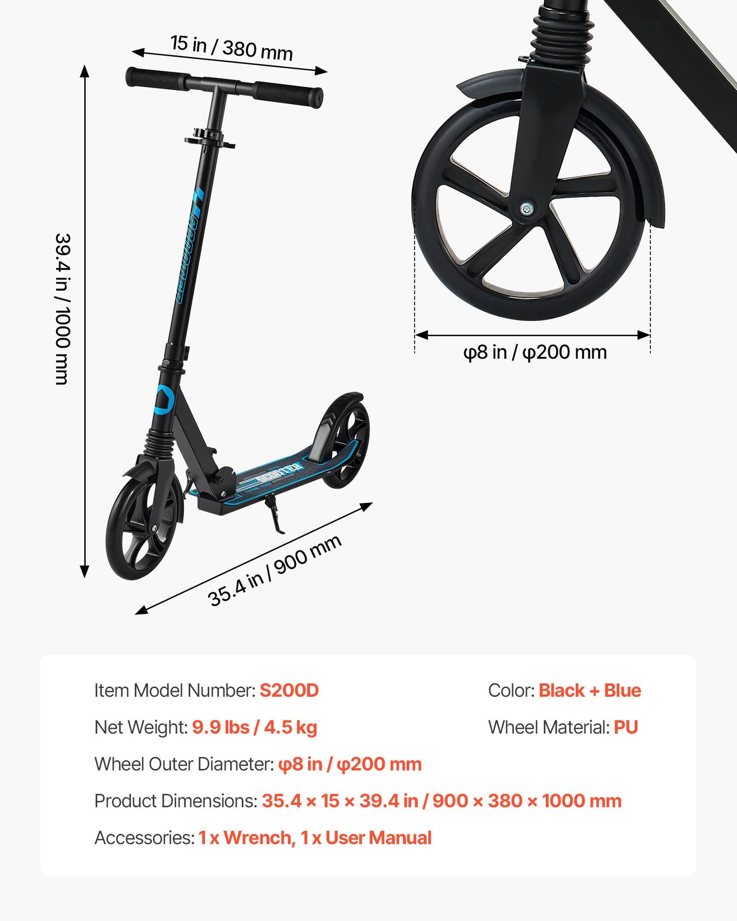 Sparkcykel för barn från 8 år, tonåringar och vuxna, 2-hjulig sparkcykel för småbarn med justerbart styre, brett halkfritt däck, hopfällbar, lättviktig för pojkar och flickor upp till 99,8 kg, svart + blå