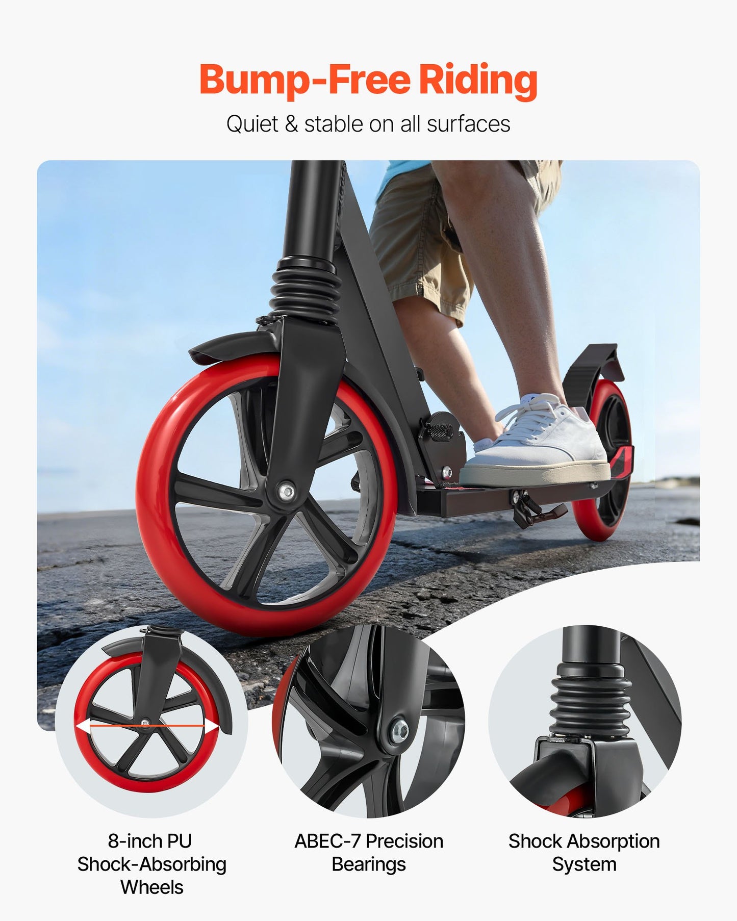 Sparkcykel för barn från 8 år, tonåringar och vuxna, 2-hjulig sparkcykel för småbarn med justerbart styre, brett halkfritt däck, hopfällbar, lättviktig för pojkar och flickor upp till 99,8 kg, svart + röd