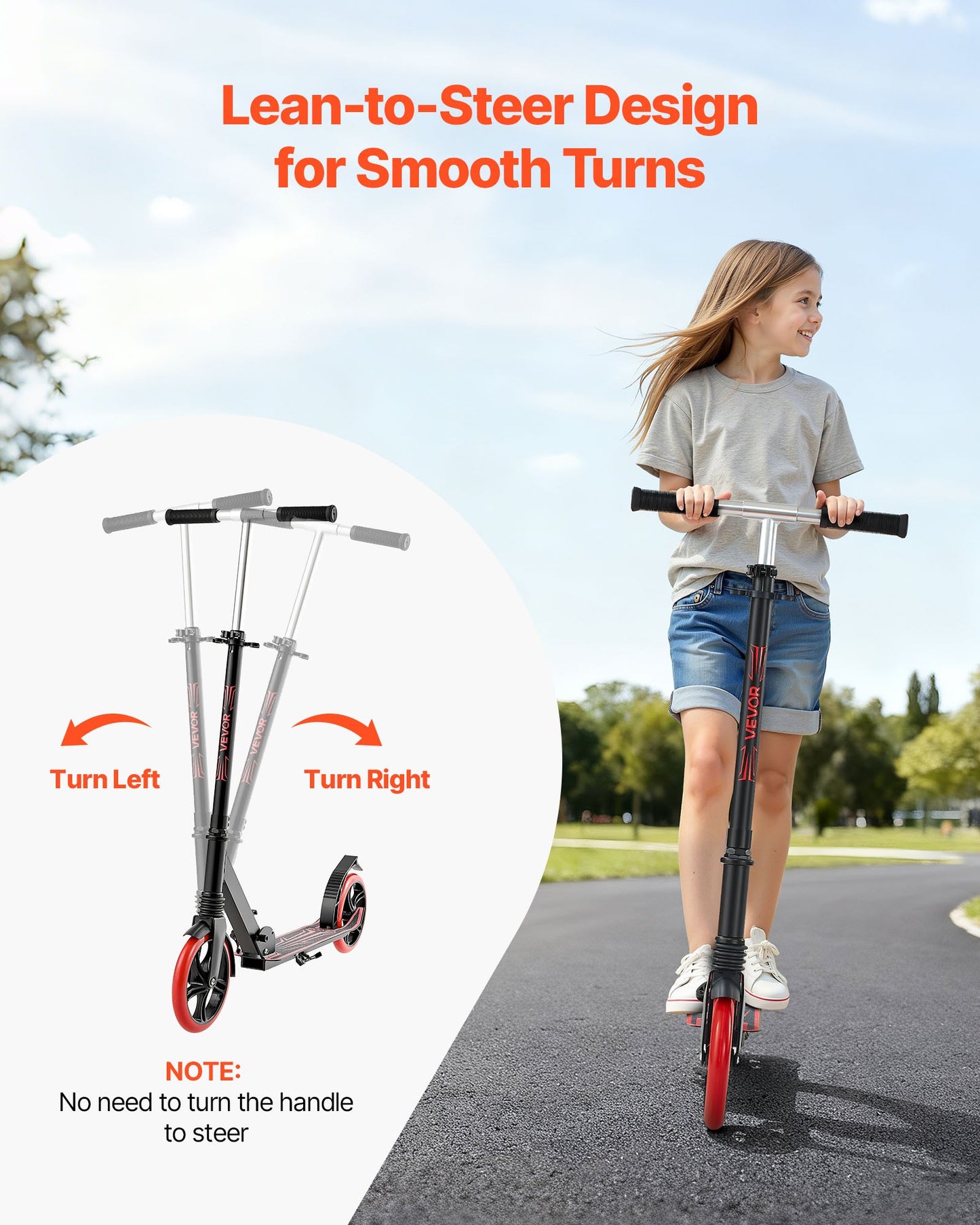 Sparkcykel för barn från 8 år, tonåringar och vuxna, 2-hjulig sparkcykel för småbarn med justerbart styre, brett halkfritt däck, hopfällbar, lättviktig för pojkar och flickor upp till 99,8 kg, svart + röd