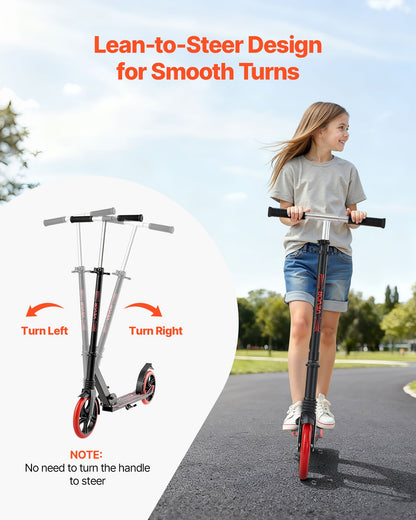 Sparkcykel för barn från 8 år, tonåringar och vuxna, 2-hjulig sparkcykel för småbarn med justerbart styre, brett halkfritt däck, hopfällbar, lättviktig för pojkar och flickor upp till 99,8 kg, svart + röd