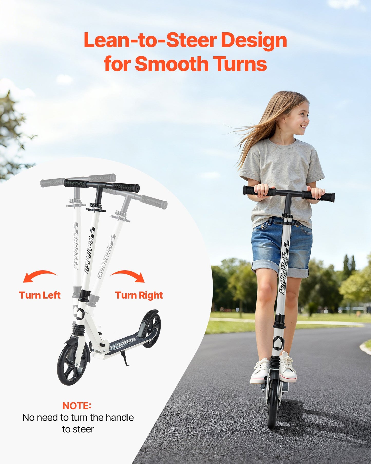 Sparkcykel för barn från 8 år, tonåringar och vuxna, 2-hjulig sparkcykel för småbarn med justerbart styre, brett halkfritt däck, hopfällbar, lättviktig för pojkar och flickor upp till 99,8 kg, vit + svart