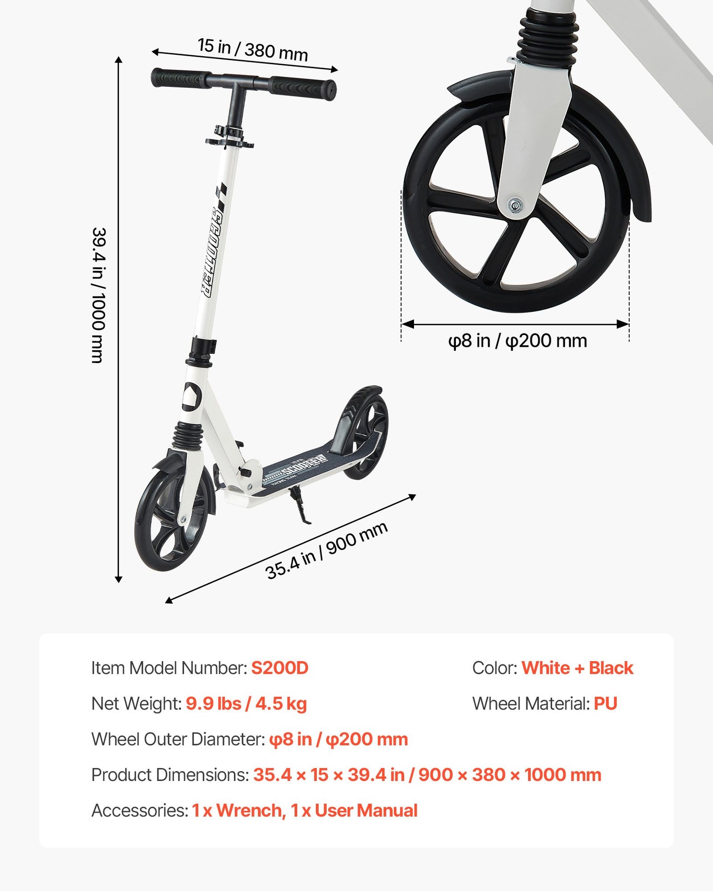 Sparkcykel för barn från 8 år, tonåringar och vuxna, 2-hjulig sparkcykel för småbarn med justerbart styre, brett halkfritt däck, hopfällbar, lättviktig för pojkar och flickor upp till 99,8 kg, vit + svart
