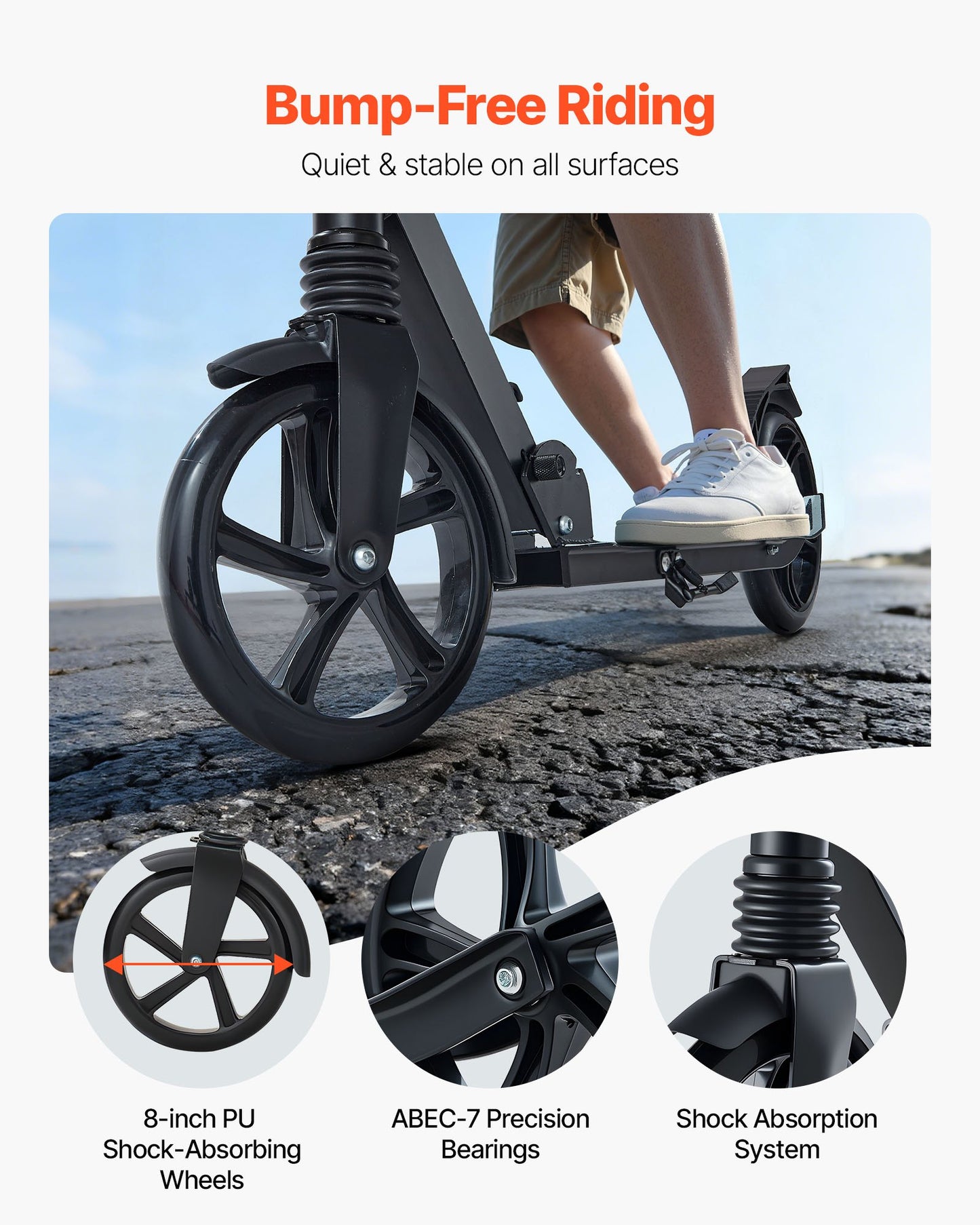 Sparkcykel för barn från 8 år, tonåringar och vuxna, 2-hjulig sparkcykel för småbarn med justerbart styre, brett halkfritt däck, hopfällbar lättviktsram för pojkar och flickor upp till 99,8 kg, svart