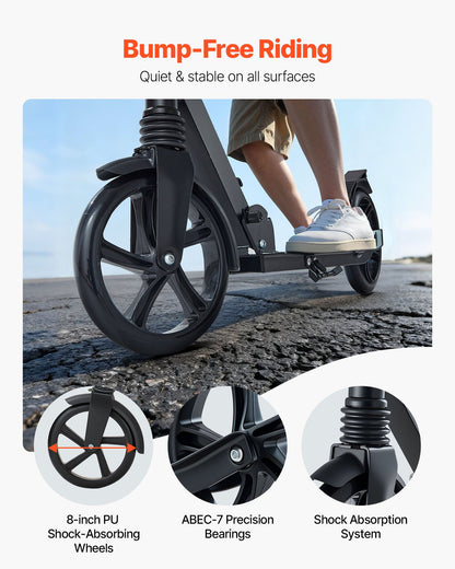 Sparkcykel för barn från 8 år, tonåringar och vuxna, 2-hjulig sparkcykel för småbarn med justerbart styre, brett halkfritt däck, hopfällbar lättviktsram för pojkar och flickor upp till 99,8 kg, svart