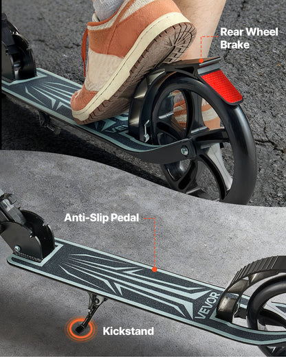 Sparkcykel för barn från 8 år, tonåringar och vuxna, 2-hjulig sparkcykel för småbarn med justerbart styre, brett halkfritt däck, hopfällbar lättviktsram för pojkar och flickor upp till 99,8 kg, svart
