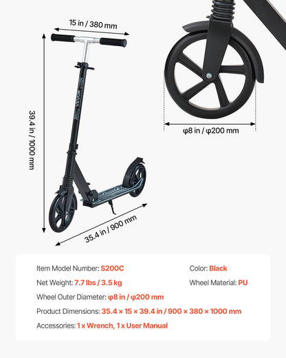 Sparkcykel för barn från 8 år, tonåringar och vuxna, 2-hjulig sparkcykel för småbarn med justerbart styre, brett halkfritt däck, hopfällbar lättviktsram för pojkar och flickor upp till 99,8 kg, svart