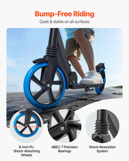 Sparkcykel för barn från 8 år, tonåringar och vuxna, 2-hjulig sparkcykel för småbarn med justerbart styre, brett halkfritt däck, hopfällbar lättviktsram för pojkar och flickor upp till 99,8 kg, blå