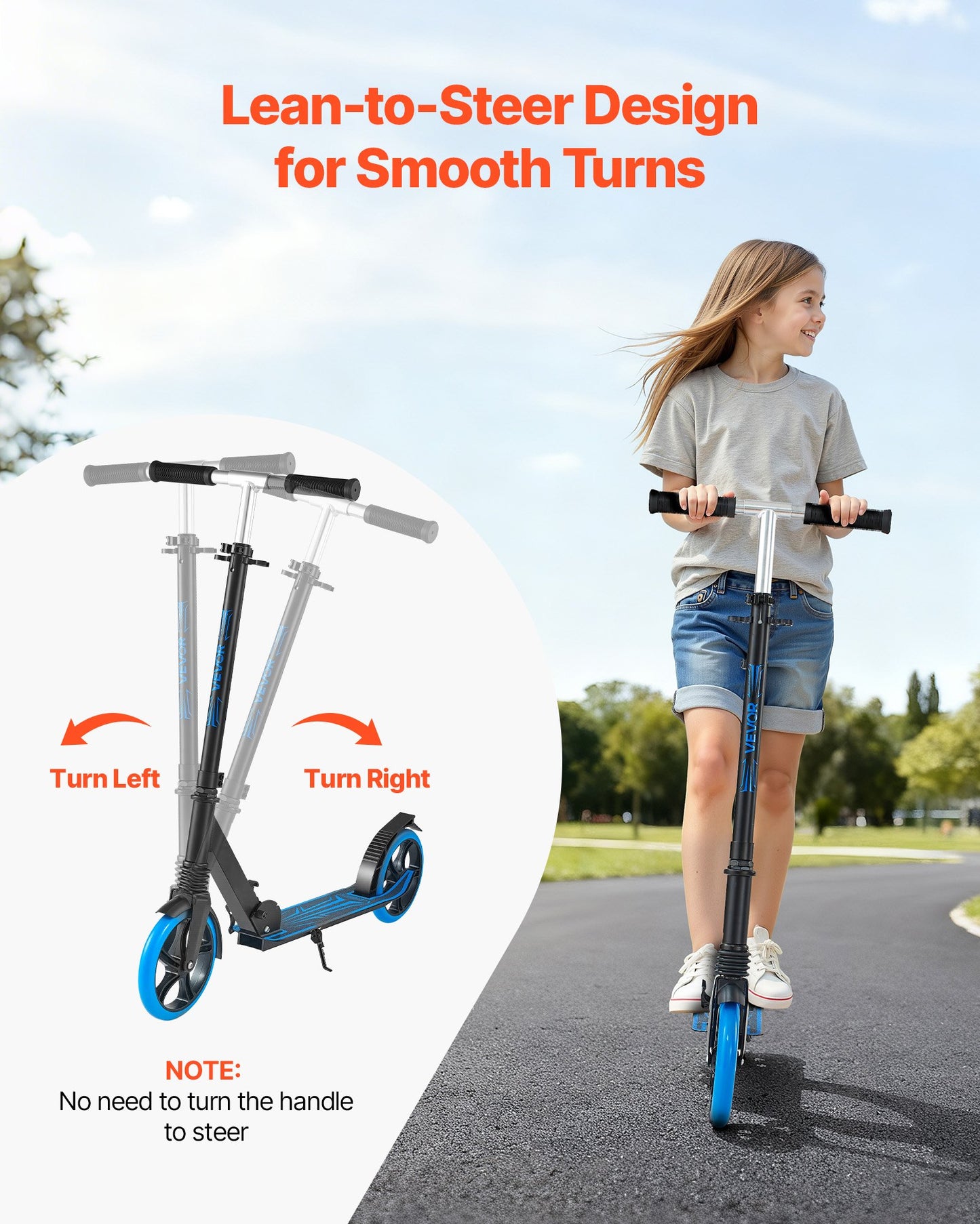 Sparkcykel för barn från 8 år, tonåringar och vuxna, 2-hjulig sparkcykel för småbarn med justerbart styre, brett halkfritt däck, hopfällbar lättviktsram för pojkar och flickor upp till 99,8 kg, blå