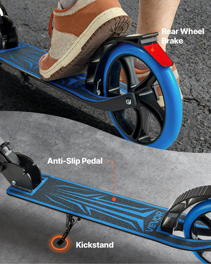 Sparkcykel för barn från 8 år, tonåringar och vuxna, 2-hjulig sparkcykel för småbarn med justerbart styre, brett halkfritt däck, hopfällbar lättviktsram för pojkar och flickor upp till 99,8 kg, blå