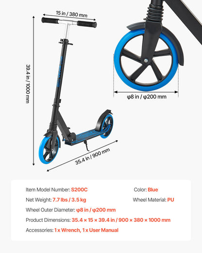 Sparkcykel för barn från 8 år, tonåringar och vuxna, 2-hjulig sparkcykel för småbarn med justerbart styre, brett halkfritt däck, hopfällbar lättviktsram för pojkar och flickor upp till 99,8 kg, blå
