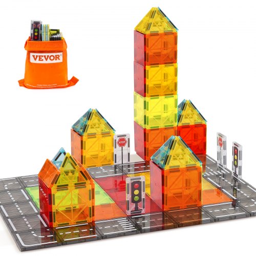Magnetiska plattor, 56 delar magnetiska vägbyggklossar för barn, magnetbyggset med förvaringspåse, STEM sensoriska pedagogiska stadskonstruktionsleksaker stapelbara presenter för småbarn pojkar flickor från 3 år