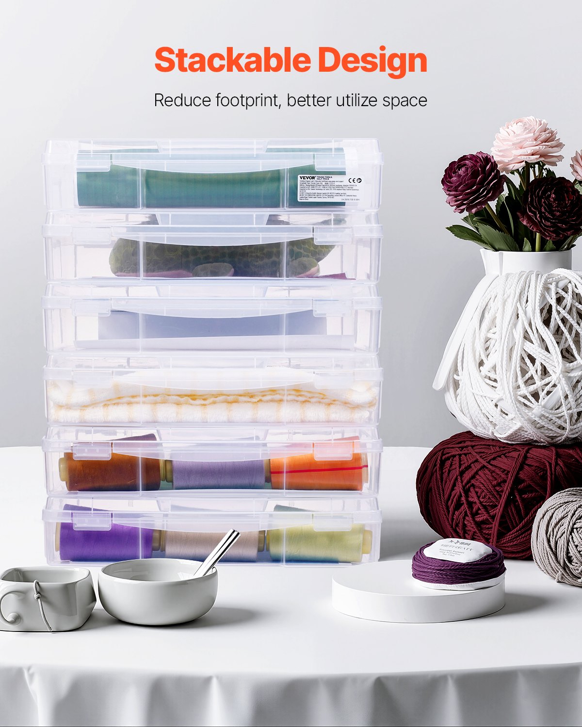 Förvaring för scrapbookingpapper, 6-pack stapelbara plastspelslådor, genomskinligt mångsidigt dokumentfodral med rundade hörn och dubbla spärrar, för kontorsnödvändigheter, verktyg, hantverksmaterial