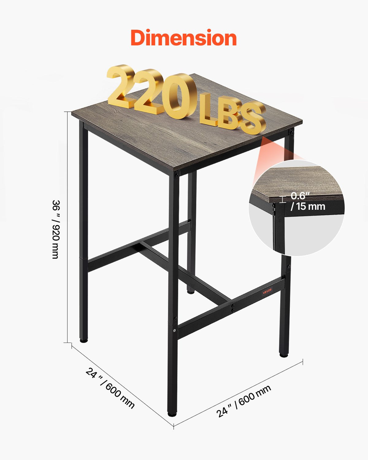 Barbord, robust pubbord med metallram, matsal i litet kök, cocktail- och kaffedisk, barbord i barhöjd, lätt att montera, 61x61x91 cm, för vardagsrumsfest, rustikt brunt och svart