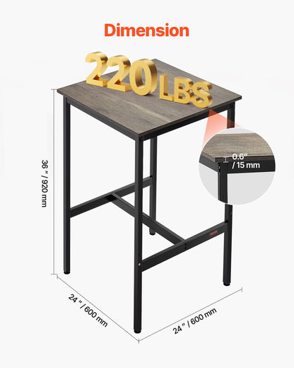 Barbord, robust pubbord med metallram, matsal i litet kök, cocktail- och kaffedisk, barbord i barhöjd, lätt att montera, 61x61x91 cm, för vardagsrumsfest, rustikt brunt och svart