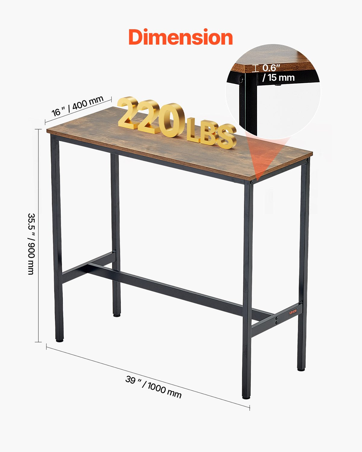 Barbord, robust pubbord med metallram, smalt långt köksbord, cocktaildisk, barbord, lätt att montera, 91x43x89 cm, för vardagsrumsfest, rustikt brunt och svart