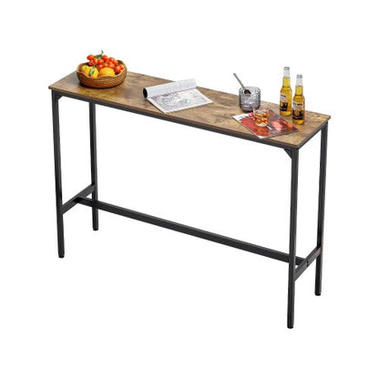 Barbord, robust pubbord med metallram, smalt långt köksbord, cocktaildisk, barbord, lätt att montera, 135x33x99 cm, för vardagsrumsfest, rustikt brunt och svart