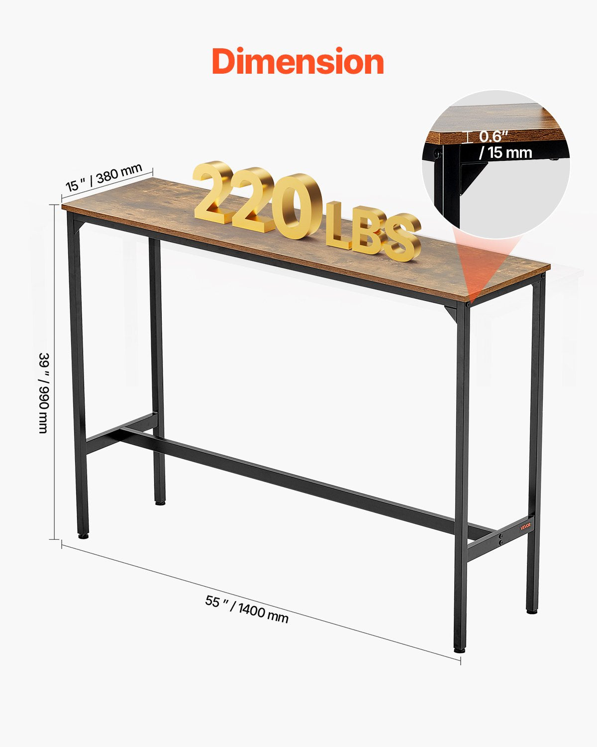 Barbord, robust pubbord med metallram, smalt långt köksbord, cocktaildisk, barbord, lätt att montera, 135x33x99 cm, för vardagsrumsfest, rustikt brunt och svart