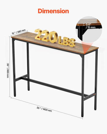 Barbord, robust pubbord med metallram, smalt långt köksbord, cocktaildisk, barbord, lätt att montera, 135x33x99 cm, för vardagsrumsfest, rustikt brunt och svart