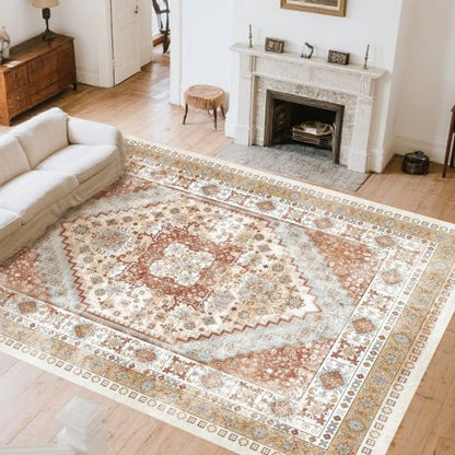 Area Rug, 8 x 10 ft Large Washable Rug, Non-Slip and Tear-Resistant Soft Carpet, Pet & Child Friendly Vintage Area Rugs, Indoor Mat for Bedroom, Living Room, Kids Room, Office, Brown Red