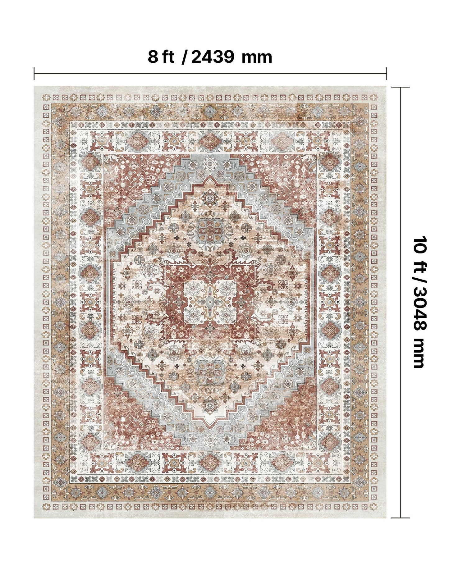 Area Rug, 8 x 10 ft Large Washable Rug, Non-Slip and Tear-Resistant Soft Carpet, Pet & Child Friendly Vintage Area Rugs, Indoor Mat for Bedroom, Living Room, Kids Room, Office, Brown Red