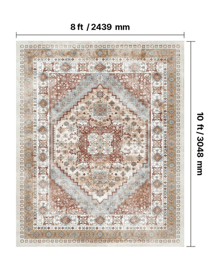 Area Rug, 8 x 10 ft Large Washable Rug, Non-Slip and Tear-Resistant Soft Carpet, Pet & Child Friendly Vintage Area Rugs, Indoor Mat for Bedroom, Living Room, Kids Room, Office, Brown Red