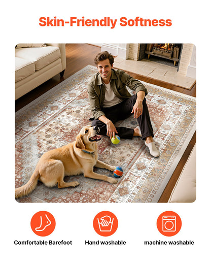 Area Rug, 8 x 10 ft Large Washable Rug, Non-Slip and Tear-Resistant Soft Carpet, Pet & Child Friendly Vintage Area Rugs, Indoor Mat for Bedroom, Living Room, Kids Room, Office, Brown Red