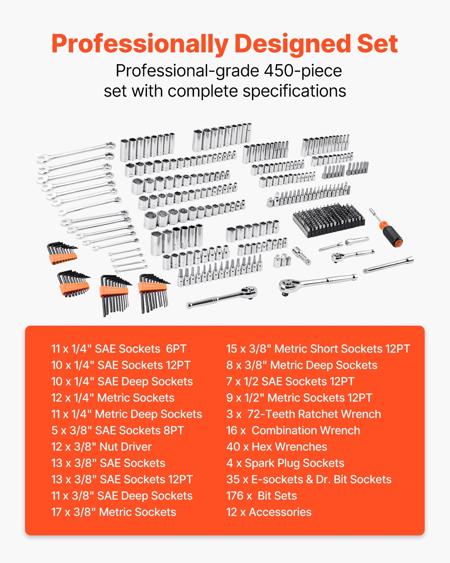 Mekanikverktygssats och hylsnyckelsats, 450 delar, 6,4, 9,5 och 12,7 mm djupa och standardhylsor, SAE metrisk mekanikverktygssats med bits, skiftnycklar, tillbehör, förvaringsväska med orange låda