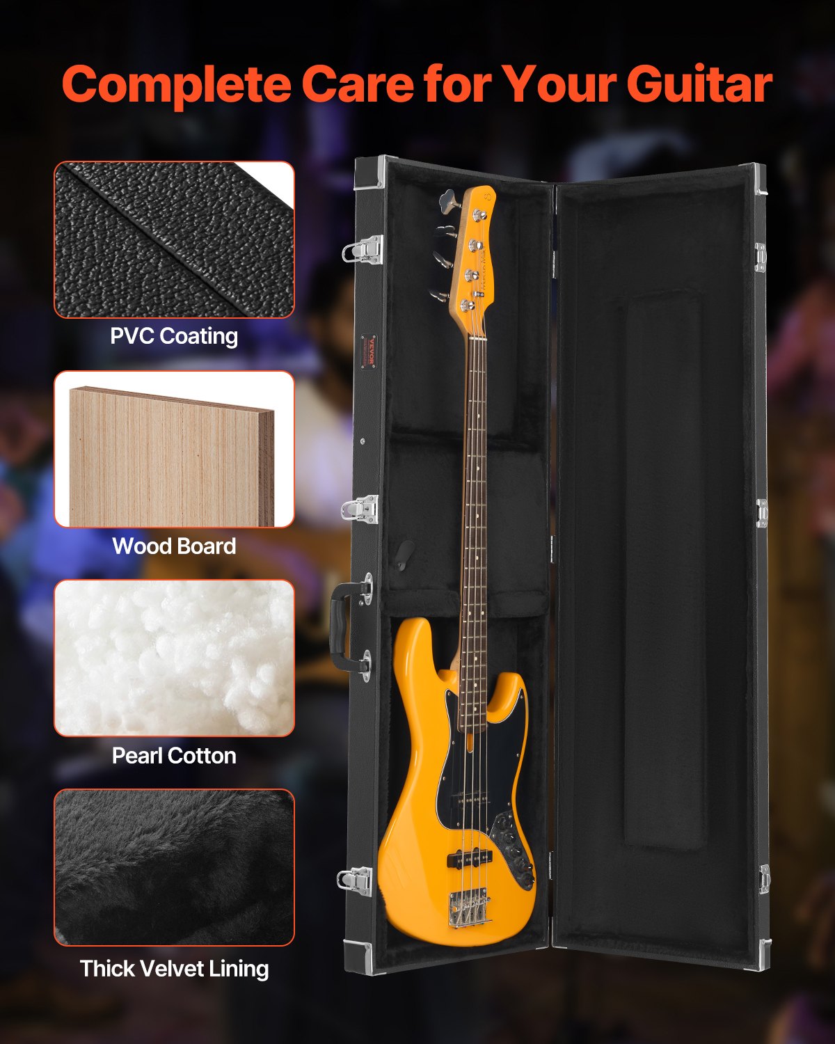 Hårt fodral för basgitarr 122 cm / 48,03 tum Vattentätt med lås och nyckel för basgitarr