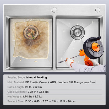 Avloppsskruv 762 cm, VVS-slang automatisk matning, VVS-slang med borrtillsats, rörslang avloppsrensare för kök badrum dusch handfat med skyddsslang och handskar
