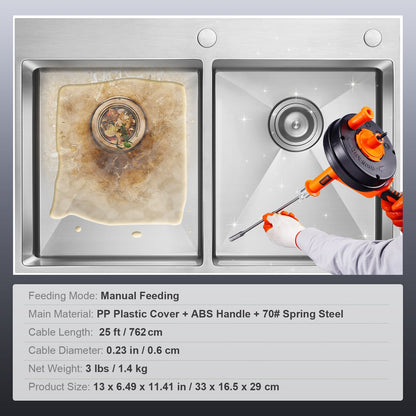 Avloppsskruv 762 cm, VVS-slang med borrtillsats, VVS-slang avloppsborttagare för kök, badrum, dusch, handfat med skyddsslang och handskar