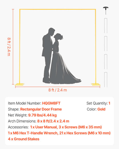 Arch Backdrop Stand, 2.4 x 2.4 m, Stable Structure, Easy Assembly, Square Gold Metal Arch Backdrop Stand for Wedding, Birthday Party, Graduation, Holiday Celebration, and Ceremony Decoration