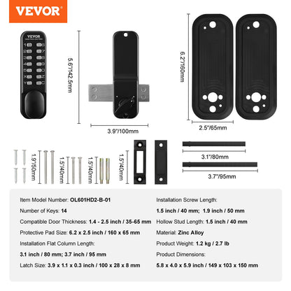 Mekaniskt nyckellöst dörrlås, 14-siffrig knappsats, dörrlåsset för utomhusgrind med utanpåliggande spärr, vattentät zinklegering, knappsats och vred, enkel att installera, för trädgård, gård, garage