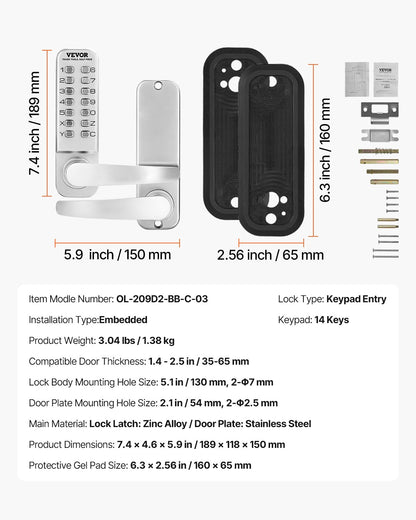 Mechanical Keyless Entry Door Lock, 14 Key Mechanical Door Lock, Mechanical Keypad Door Lock with Handle, Stainless Steel Waterproof Keyless Gate Lock, for Home Office Outdoor Fence Garage Yard