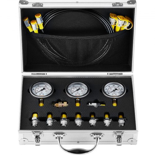 Hydraultryckstestsats, 250/400/600 bar, 3 mätare, 9 testkopplingar, 3 testslangar, hydrauliskt testmätarset för grävmaskin med bärbar bärväska för grävmaskinstraktorer, byggmaskiner