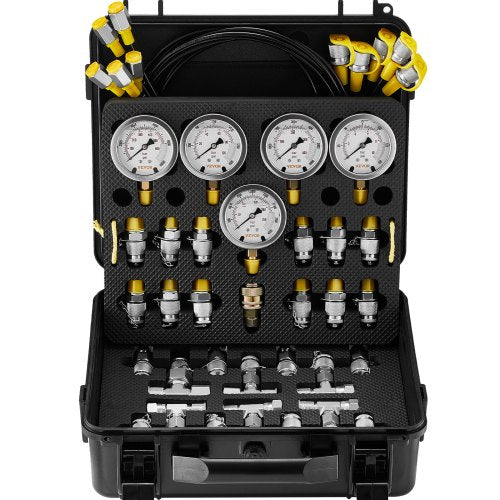 Hydraultryckstestsats, 10/100/250/400/600 bar, 5 mätare, 13 kopplingar, 14 T-kopplingar, 5 testslangar, hydrauliskt testmätare för grävmaskin med bärväska för grävmaskinstraktorer och maskiner