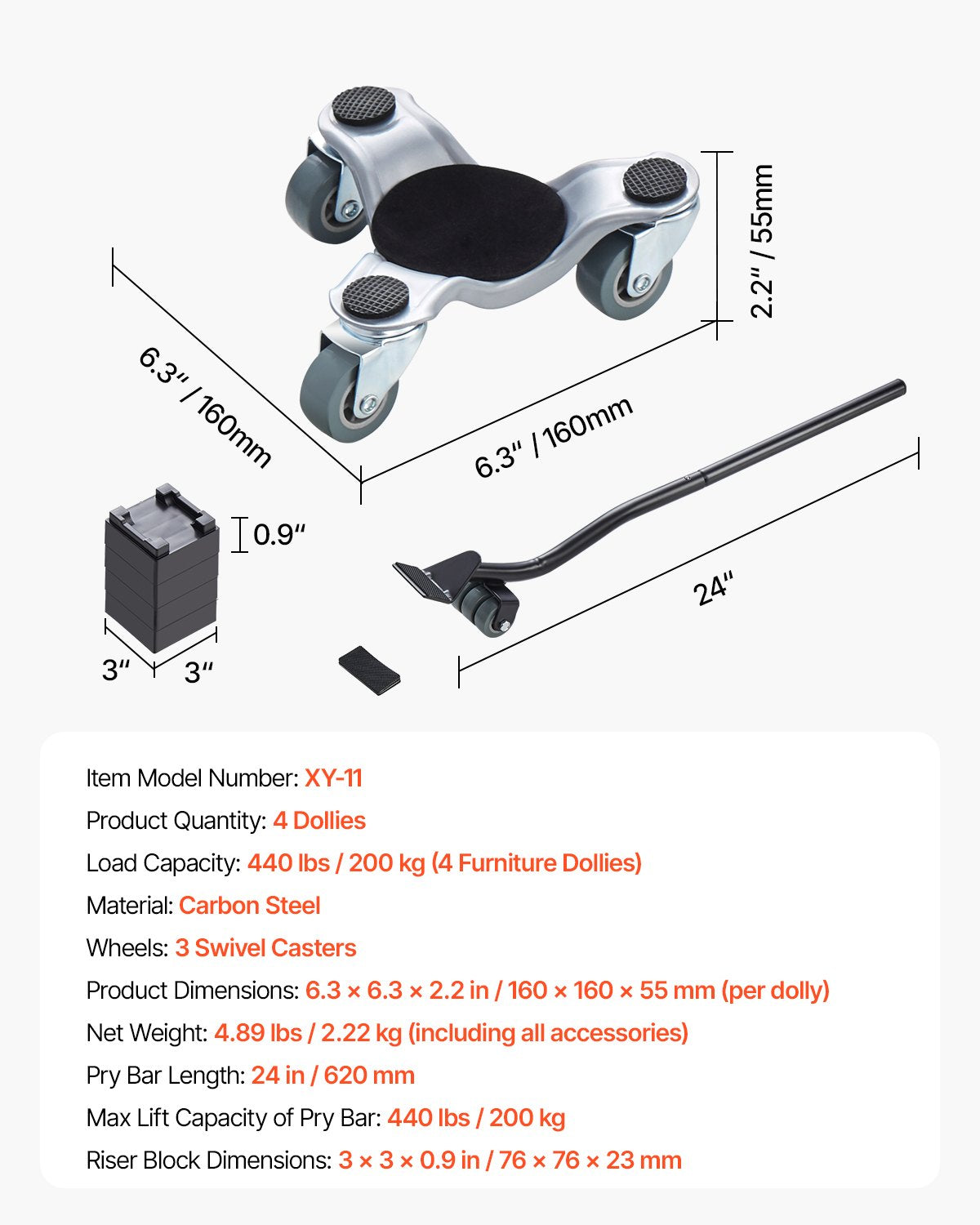 Möbelvagn, 180 kg lastkapacitet, 3-hjulig stålvagn 15 cm med tre hjul och kraftig triangelhjul, panel i kolstål, verktygssats för möbellyft för vitvaror, soffa, kylskåp